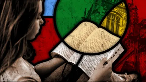 Illustration of young woman reading a bible