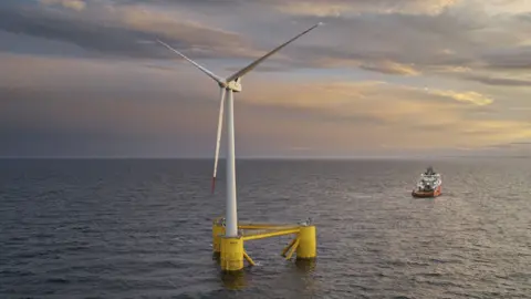 An aerial image of the Kincardie floating windfarm, off Aberdeen, a large turbine on a yellow platform in the sea, similar to the proposed wind technology by Erebus a 100MW test and demonstration project 45km off the coast of Pembrokeshire.