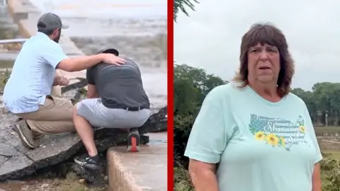 A man consoles another man by a river on the left. A woman looks into the distance on the right. The two pictures are separated by a strip of red.