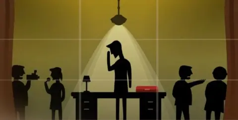 Sleepy Boy Games A screenshot from the game No 10: Full Confidence. It shows five silhouettes with one in the centre with their hand to their head, underneath a light and in front of a table with a red box. Two silhouettes are either side, one with a microphone, another filming them.