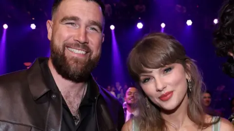 Travis Kelce and Taylor Swift at 2026 iHeartRadio Music Awards at Dolby Theatre on March 26, 2026 in Los Angeles, California. 
