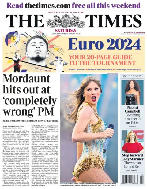 The front page of the Times reads: “Mordaunt hits out at ‘completely wrong’ PM