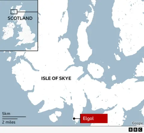 A map of Scotland showing the location of the Isle of Skye and Elgol.