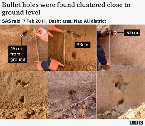 Images show bullet holes found clustered close to ground level at a building subject to a SAS raid on 7 Feb 2011
