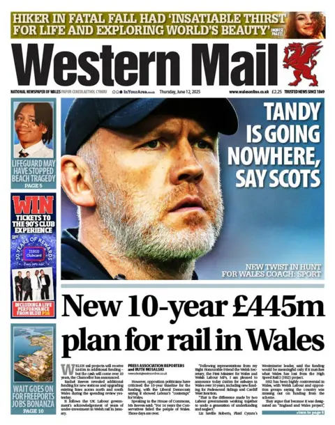 Western Mail Western Mail front page with a picture of rugby coach Steve Tandy with the headline "Tandy is going nowhere, say Scots". There's also a story with the headline "New 10-year £445m plan for rail in Wales". 