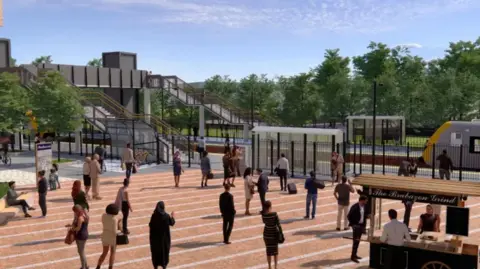 A CGI image of a train station with people walking towards it.