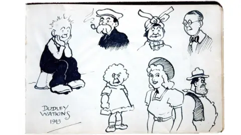 DC Thomson Watkins' sketchbook with seven black and white sketches. Oor Wullie sitting on a bucket is on the right above Watkins' signature.