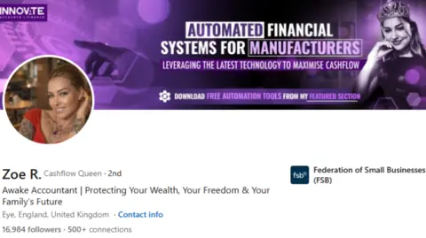 LinkedIn Grab of a LinkedIn profile page. It has a picture of a smiling woman and a banner with the same woman shown wearing a crown with purple and white text.