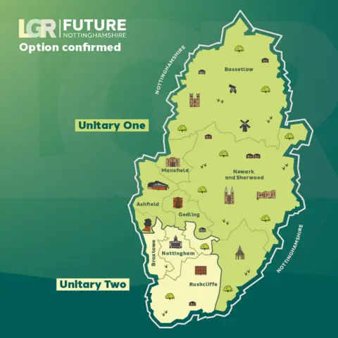 LGRNOTTS.ORG A map of the two new councils set to be established in Nottinghamshire