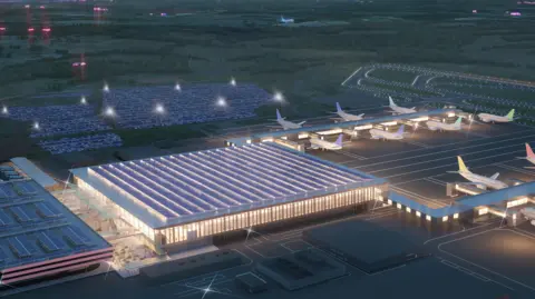 Luton Rising An artist's impression of how London Luton Airport will look with a new terminal building, planes on the ground, and parking areas. It also shows a runway and lights.
