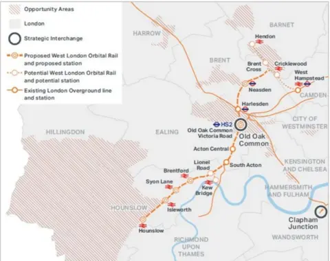 TfL A map of the proposed new overground line that trails through West London's suburbs.