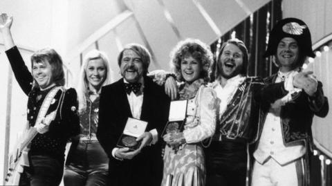 Abba celebrating winning Eurovision in 1974