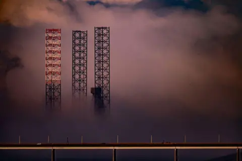 Jon Simmonds Tay Bridge and a drilling rig in mist.