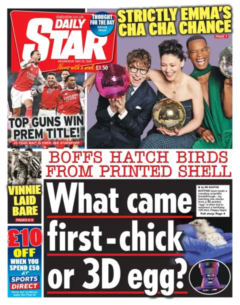 "Boffs hatch birds from printed shell: What came first – chick or 3D egg?" reads the headline on the front page of the Daily Star.