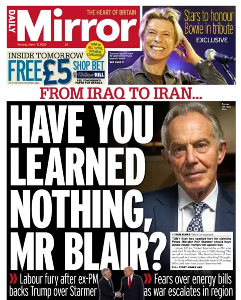 "From Iraq to Iran... Have you learned nothing, Mr Blair?" reads the headline on the front page of the Daily Mirror.