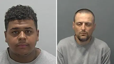 Bedfordshire Police Two police custody photographs of (left) Dylan Myrie and (right) Peter Janoski - both wearing round-neck grey T-shirts