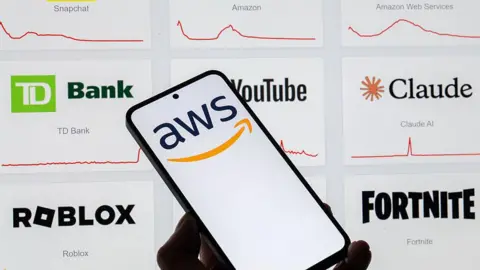 Getty en la pantalla de un teléfono es un logotipo de AWS con otros logotipos detrás