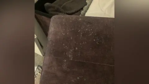 Jade Symonds A dark coloured couch is covered in mould.