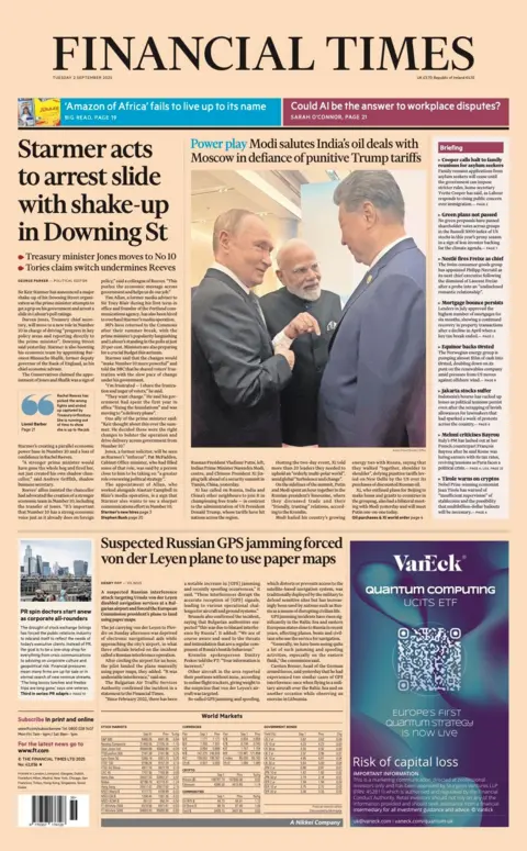 The headline on the front page of the Financial Times reads: Starmer acts to arrest slide with shake-up in Downing St".