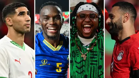 A composite image divided into four vertical columns shows four different men from the chest up. Achraf Hakimi, Dickson Job, a Nigeria football fan smiles in celebration and Mohamed Salah raises his right arm
