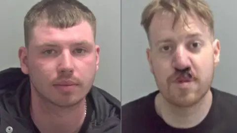 Norfolk Police Police mug shots of Joe Drysdale, who has light brown hair and is wearing a black jacket with a hood and a gold coloured necklace and Michael Rushmer, who has short blond-streaked hair and is wearing a black T-shirt. 