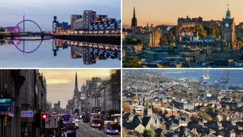 Getty Images A collage of Glasgow, Edinburgh, Aberdeen and Dunde.