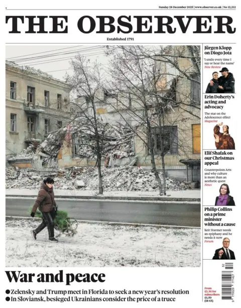 The headline on the front page of the Observer reads: "War and peace".