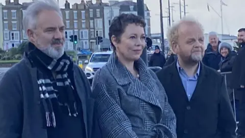 BBC/Jo Burn Sam Mendes, Olivia Colman and Toby Jones in Margate for Empire of Light