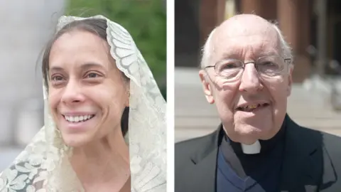 A split screen showing two interviews, a priest on the right and a woman on the left.