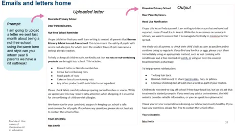 Department for Education A screenshot of a power point slide. It demonstrates how a teacher could ask AI to generate a letter to parents about a head lice outbreak, based on the tone and style of a previous letter to parents.