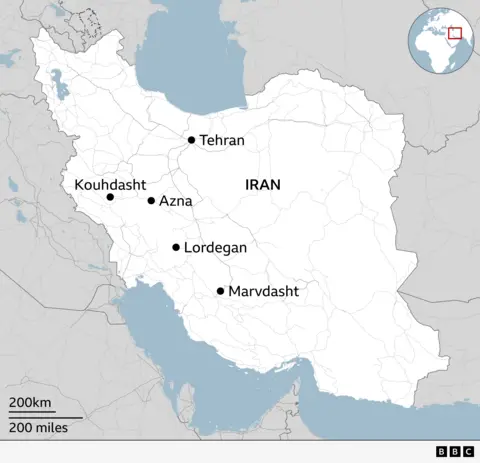 A map of Iran, showing Tehran in the north, and Kouhdasht, Azna Lordegan and Marvdasht running down the western border, from north to south.