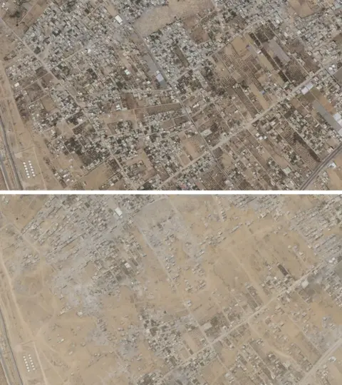 Google Earth Satellite images show the destruction of buildings just north of the Rafah crossing and a section of the Philadelphi Corridor between 5 May 2024 (top) and 22 May 2024 (bottom)