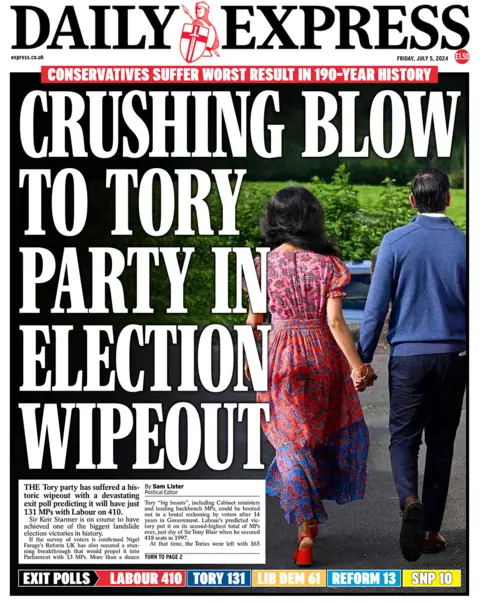 The headline in the Express reads: "Crushing blow to Tory Party in election wipeout". 
