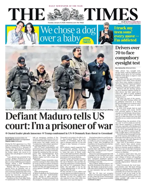 "Defiant Maduro tells US court: I'm a prisoner of war" reads the headline on the front page of the Times.