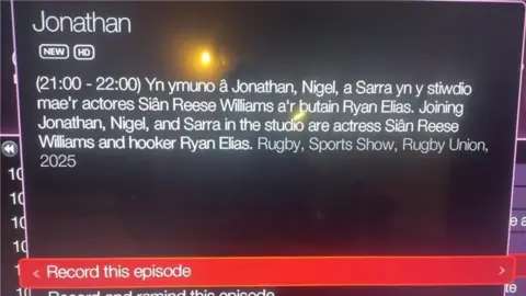 A screengrab of the Welsh language version of the digital TV listing information