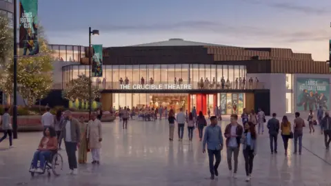 An architectural visualisation of The Crucible Theatre and the surrounding public square at dusk. The scene shows a modern theatre building in the centre of a wide pedestrian plaza. The theatre has a contemporary design with large glass walls, dark cladding, and warm interior lighting that shines through the windows.