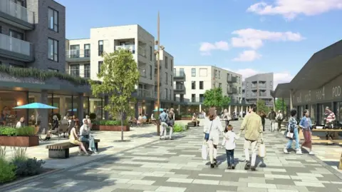 Image is an artist's impression of how Skelmersdale town centre will look after the regeneration. It shows parades of shops with modern, three story apartment blocks above them, a pedestrianised area with shrubbery and street furniture, and people walking between shops and cafes. 