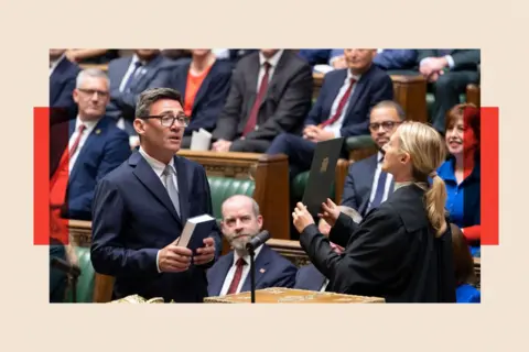 EPA/Shutterstock Andy Burnham being sworn in as the Member of Parliament for Makerfield in the House of Commons chamber