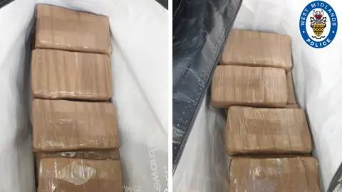 West Midlands Police Two images side-by-side of two bags containing slabs of cocaine wrapped in plastic wrapping and brown tape.