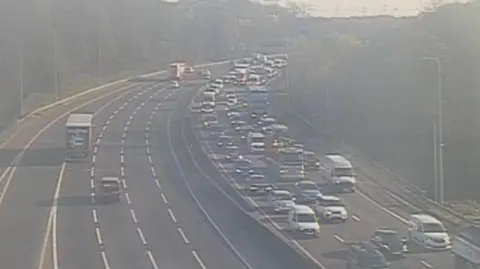 Congested motorway lanes.