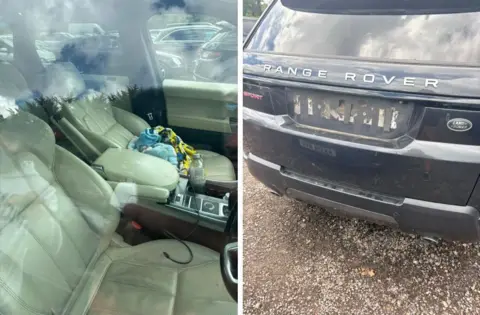 Mark Reardon Image to the left shows two beige leather car seats reclined, with a yellow and blue blanket on the passenger seat. The image to the right shows an image of a Range Rover with a missing rear number plate, parked on gravel ground. 