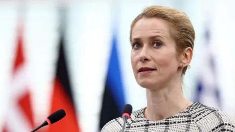 Getty Images Kaja Kallas, a woman with blonde hair wearing a dress stands in front of two microphones