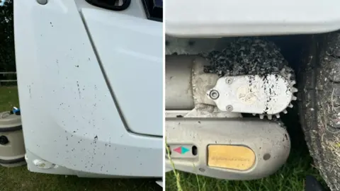 Nigel Miller Two side-by-side photos. The photo on the left shows black chips to the bottom of the front a white caravan. The photo on the right shows black wet tar gathered on a pipe next to a tire.