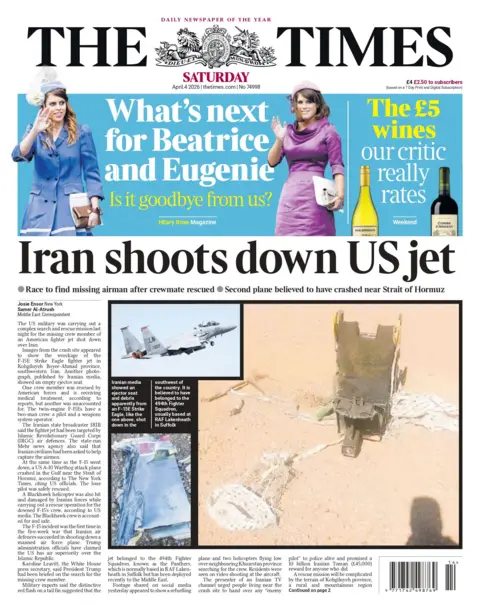 "Iran shoots down US jet" reads the headline on the front page of the Times.