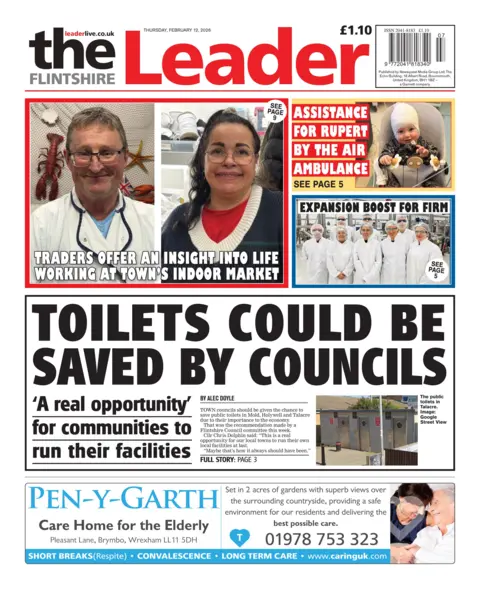 Flintshire Leader Front page of the Flintshire Leader. The headline reads 'toilets could be saved by councils'. Above is a composite photo of a man and woman with the headline "Traders offer an insight into life working at town's indoor market." Next to this is a photo of a boy with the headline "Assistance for Rupert by the air ambulance". And under this is a photo of people in white coats lined up together with the headline "Expansion boost for firm". 