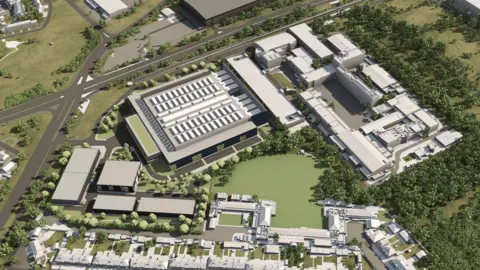 A computer generated aerial image of the data centre approved for Haslemere Heathrow Estate in Hounslow.