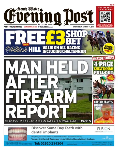 South Wales Evening Post South Wales Evening Post front page headline: Man held after firearm report; Increased police presence in area following arrest. In front of a photo of a housing estate.