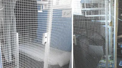 Two images showing images of caged areas astatine  a school, with mesh grid walls and doors and a lock. One has a mattress and expanse  connected  the level  and a broad  hanging up, portion    the other, located nether  a metallic  spiral staircase, has toys and games connected  the level  - including what appears to beryllium  the crippled  "Operation".