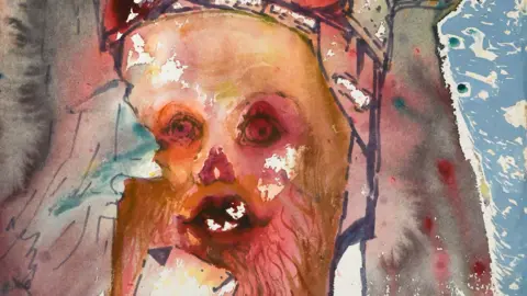 PA Watercolour of a man (wearing a turban-not seen) by Salvador Dali in various shade of pink, bluue, red, and grey.