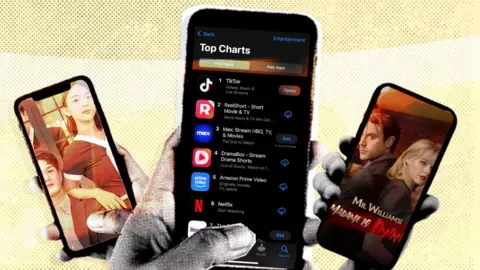 Three mobile phones held in hands, showing TikTok charts and Chinese micro-dramas.